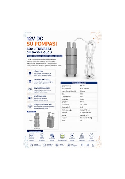 12v Dc Su Pompası 600 Litre/saat 5m Basma Gücü