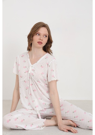 Elitol Jakarlı Viskon Bağlamalı Kadın Pijama Takımı Desenli-1