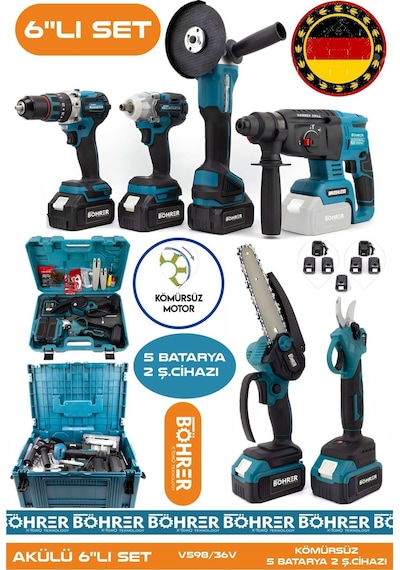 Böhrer Alman 4451-6807 5 Akülü 2 Şarjlı Kömürsüz V598 5AH Profesyonel 6 Makine Kombo Set Mavi Tek Çanta