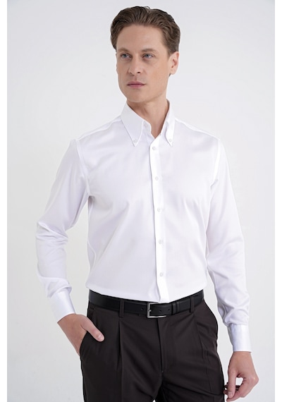 Slim Fit Düğmeli Yüksek Yaka %100 Pamuk Saten Düz Beyaz Gömlek Gk 760