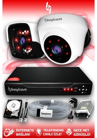 Bayicam 2 Kameralı Panda 1 İç Kamera Set 250 GB HDD Full HD Gece Görüşlü Güvenlik Kamerası Sistemi