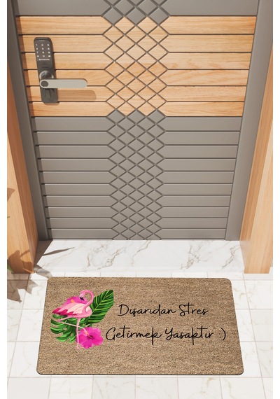 Rugmood Modern Dijtal Baskı Flamingo Stres Getirmek Yasaktır Kapı Önü Paspası Kahverengi