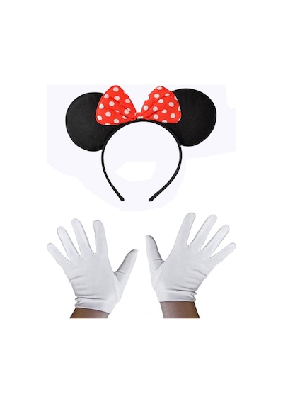 Kırmızı Fiyonklu Minnie Mouse Tacı Ve Beyaz Eldiven Seti "
