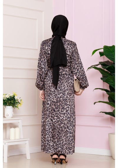 Yanı Bağcıklı Leopar Desenli Tesettür Abiye-vizon-4681