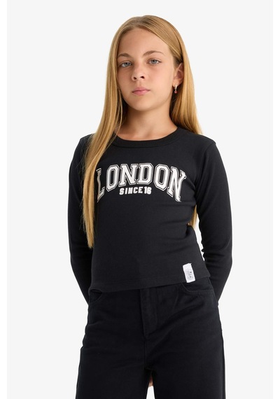 Defacto Kız Çocuk Slim Fit Dar Kesim Bisiklet Yaka Baskılı Fitilli Kaşkorse Uzun Kollu Tişört C7465a825aubk81 Siyah