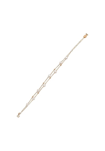 7,5 Mm Çift Zincir Dorika Toplu Doğal İnci Kadın Bileklik 19 Cm / Sarı Gümüş