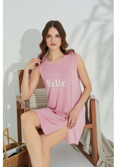 Guava Kadın Bisiklet Yaka Viskon Yırtmaç Detaylı Mini Gecelik Elbise - Homewear Pudra