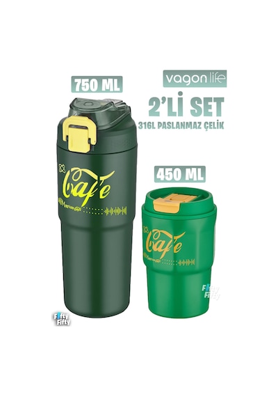 Vagonlife 2'li Çelik Termos-kahve Bardağı Seti 750ml Çift Kullanım Termos//450ml Mug Kahve Bardağı Yeşil