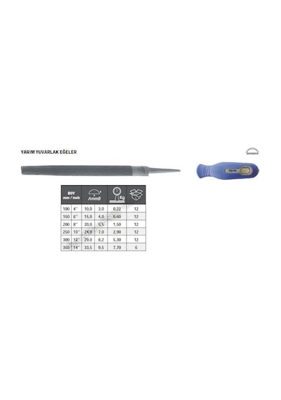 Tome Saplı Yarım Yuvarlak Eğe Kalın Diş 300mm