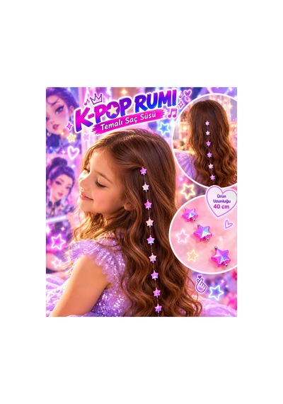 Kız Çocuk K-pop Rumi Temalı Yıldızlı Saç Süsü 40 Cm Pratik Tel Tokalı