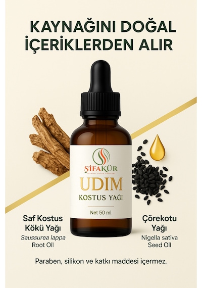 Şifakür Udim Udi Hindi Kostus Cilt Bakım Yağı Doğal Saf Bitkisel Formül 50ml