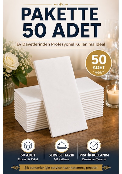 40x40 Cm Beyaz Garson Katlama Peçete 2 Katlı 1/8 Katlı 50 Adet Düğün Davet Catering Servis Peçetesi