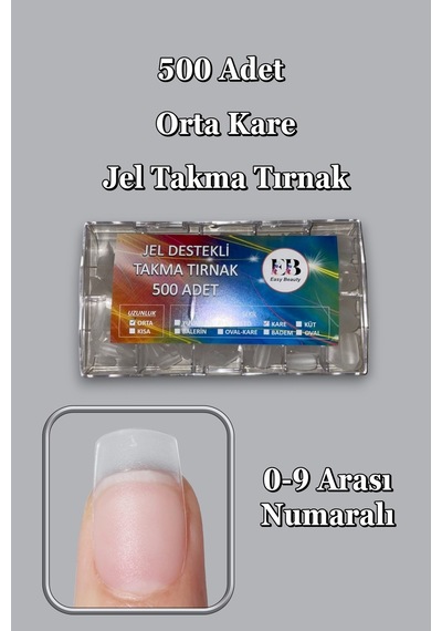 500 Adet Yeni Nesil Jel Destekli Orta Kare Şekil Takma Tırnak Seti Orta Kare