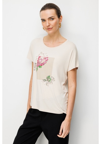 Kadın Sıfır Yaka Önü Payet Güllü Penye T-shirt Bej Bej