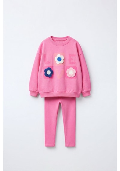 Magu Kız Çocuk Çiçek Aplikeli Pembe Sweatshirt Ve Tayt Takımı