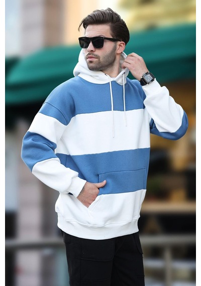 Madmext Ekru Kapüşonlu Renk Bloklu Cep Detaylı Erkek Sweatshirt 7044 Ekru