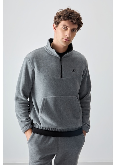 Tommy Life Gri Melanj Yarım Fermuar Dik Yaka Lastik Paça Polar Erkek Eşofman Takımı - 85159 GRİ MELANJ