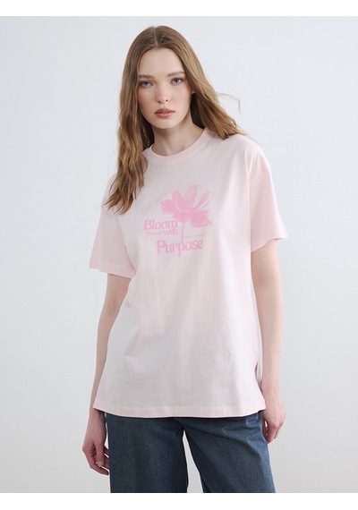 Lcw Modest Pembe Baskılı %100 Pamuklu Kadın Tişört
