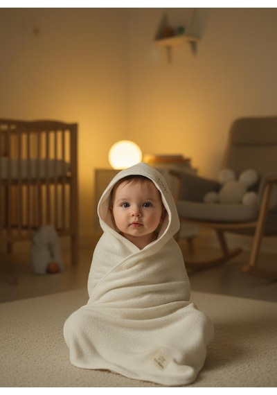 Bambu Antibakteriyel Bebek Nakışlı Havlu Kundak 75x75 Ve Kese Krem