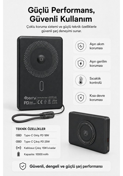 Ym307 10000 Mah Manyetik Kablosuz Powerbank 25w Pd Hızlı Şarj, 15w Kablosuz Şarj Ve 360 Döner Stand Siyah
