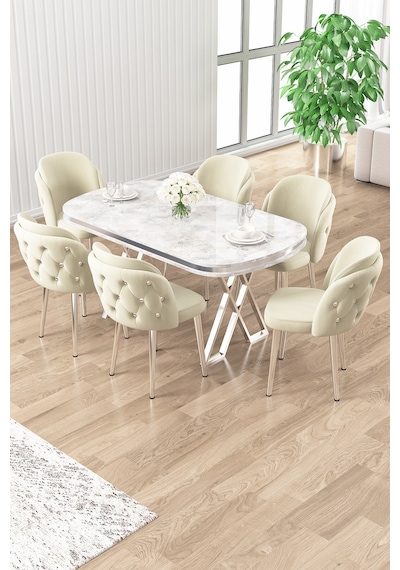 Canisa Zae Serisi 90x168 Lak Panel Beyaz Mermer Masa Krom Ayak Masa Takımı Ve 6 Krem Sandalye Rampla Gri Masa Krem Sandalye Canisa Zae Serisi 90x168 Lak Panel Beyaz Mermer Masa Krom Ayak Masa Takımı Ve 6 Krem Sandalye Rampla Gri Masa Krem Sandalye