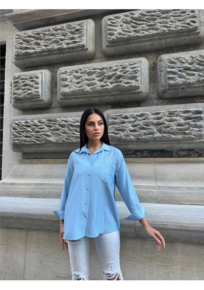 WeShaya Bebe Mavi %100 Pamuk Kırışık Oversize Gömlek Bebe Mavi