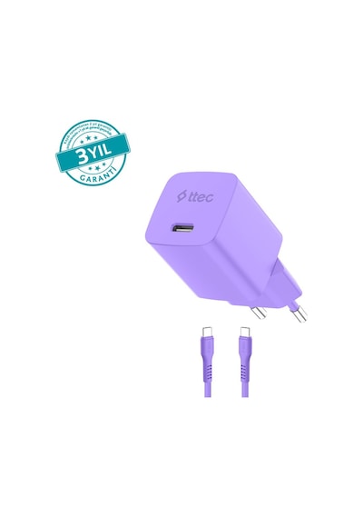 Ttec Smartcharger Gan 20w Pd Seyahat Hızlı Şarj Aleti + Usb-c - Usb-c 3a Kablo Neon - Mor