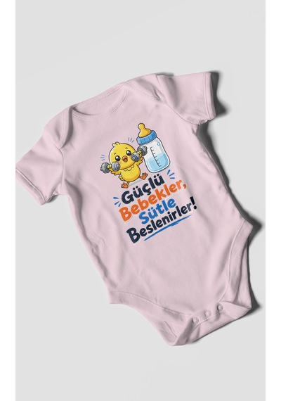 Morivokids Güçlü Bebekler Sütle Beslenir Kısa Kollu Bebek Body %100 Pamuk Bebe Pembe