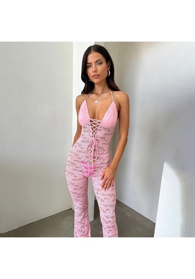 Lace Jumpsuit With Skinny Flared Legs Pink Pembe