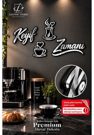 Keyif Zamanı Kahve Köşesi Duvar Dekoru Gümüş Aynalı Pleksi 1 Mm Gümüş + 3 Mm Siyah Çift Katman Premium Mutfak Dekoru Siyah Üzeri Gümüş