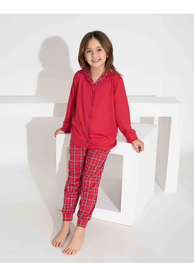 Kız Çocuk Yakası Ekose Desenli Düğmeli Uzun Kollu Pijama Takımı-952 Kırmızı