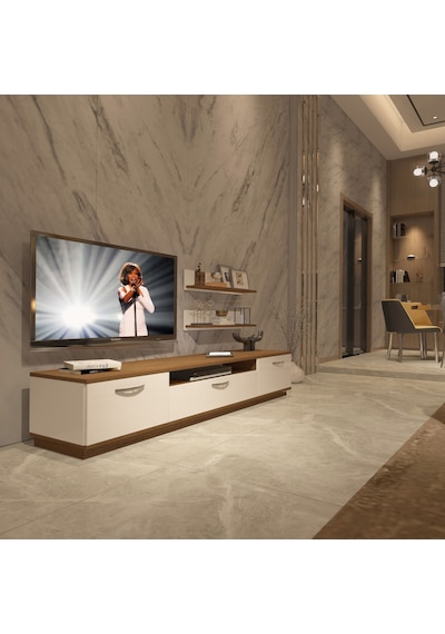 Decoraktiv Trio 4 Mdf Tv Ünitesi Tv Sehpası - Ceviz Beyaz Ahşap - Beyaz