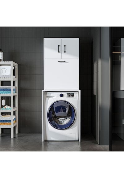 Çamaşır Sepetli Çamaşır Makinesi Dolabı, Banyo Dolabı Mat Beyaz