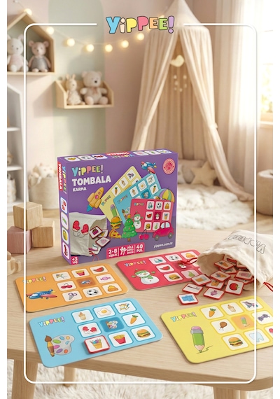 Çocuk Tombala Karma Temalı Ham Bez Kese 8 Tabla 40 Pul 60 Parça