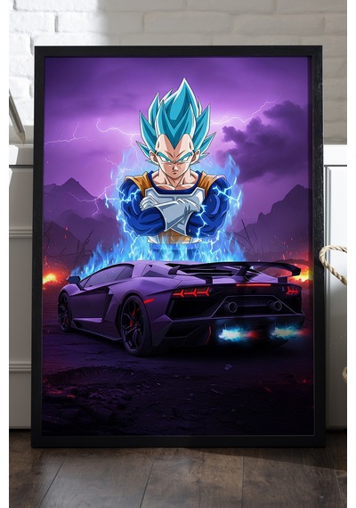 Vegeta Lamborghini Aventador Siyah Ahşap Çerçeveli Poster, Dekoratif Anime Araba Duvar Tablosu