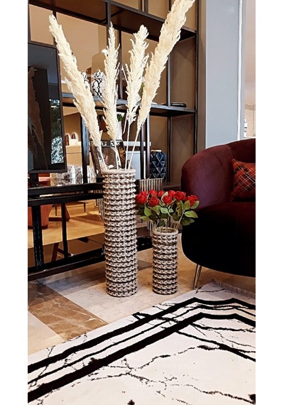 Egindra Metal Tel Hasır Örgülü Özel Tasarım Pampas Vazosu 30 Ve 60 Cm 2Li Set