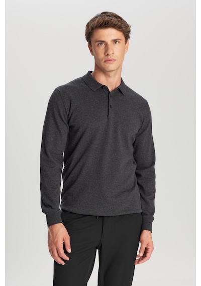 AC&Co / Altınyıldız Classics Erkek Antrasıt Melanj Pamuklu Standart Fit Normal Kesim Polo Yaka Triko Kazak Antrasit Melanj