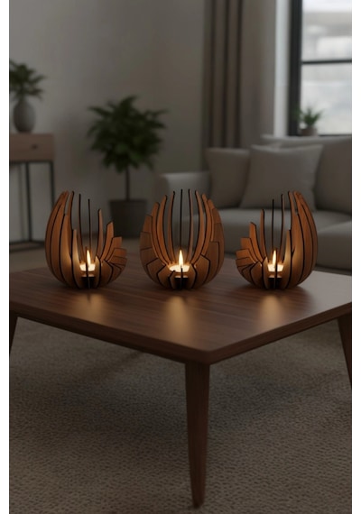 Ceviz Desenli Lotus Mumluk 3 Mm Mdf Lazer Kesim, 14 Cm Kemençe
