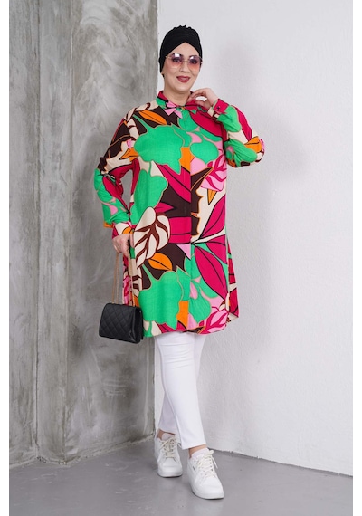 Polologin Butik Renkli Yaprak Desenli Gömlek Tunik Fuşya & Yeşil & Turuncu & Kahverengi