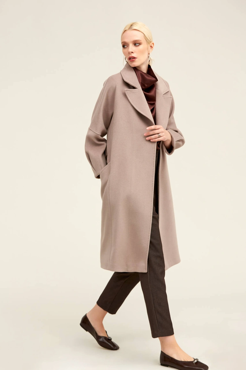 Hatemoğlu Saykı Woman Taş Regular Fit Ceket Yaka Kaşe Yünlü Oversize Manto Taş