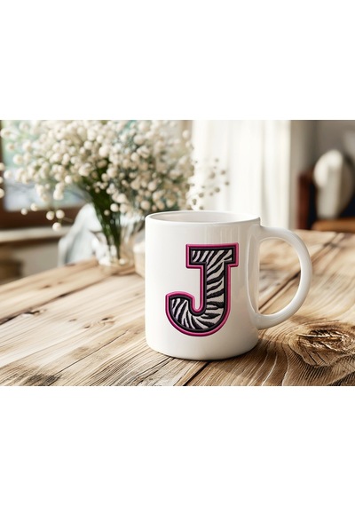 J Harfi Zebra Deseni Ve Pembe Kenarlı Kupa Bardak - Kişiye Özel Nakış Efektli - Siyah Beyaz Pembe Beyaz