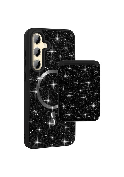 Teleplus Samsung Uyumlu Galaxy S26 Kılıf Taşlı Mozaik Manyetik Şarj Kapak + Taşlı Kartlık Siyah