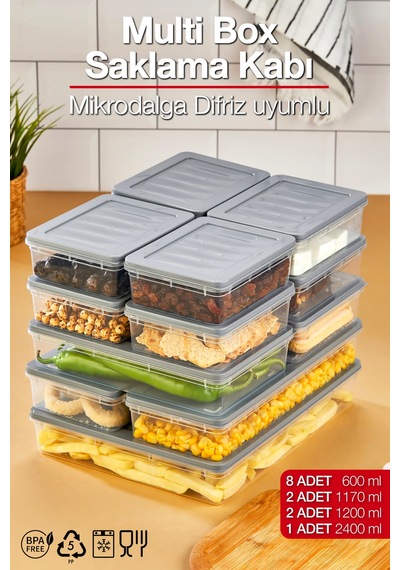 Box 11 Parça 3 Farklı Boy Saklama Kabı Seti - Dondurucu & Mikrodalga Uyumlu Gri