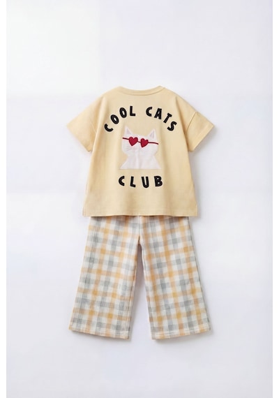 Magu Kız Çocuk Pamuklu Cool Cats Club Baskılı T-shirt Ekose Eşofman Takım Sarı