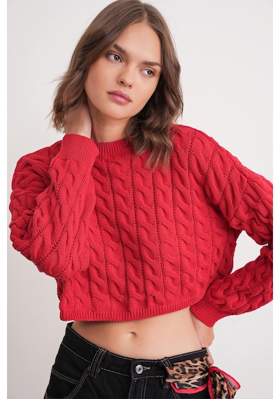 Mixray 6863 Kadın Saç Örgülü Crop Triko Kazak Kırmızı