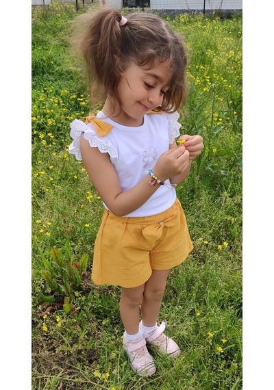 Novy Baby Fiyonklu Taş Baskılı Tshirt Şortlu Kız Çocuk 2'li Takım 2-5 Yaş