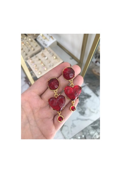 Tasarım Gold Detaylı Kalp Küpe Kırmızı