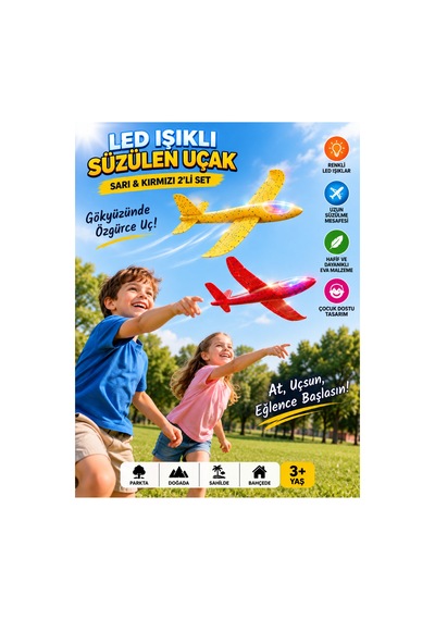 2 Li Led Işıklı Köpük Uçak Seti Kırmızı & Sarı Hafif Dayanıklı Fırlatma Uçağı Açık Hava Oyuncağı - 922543009