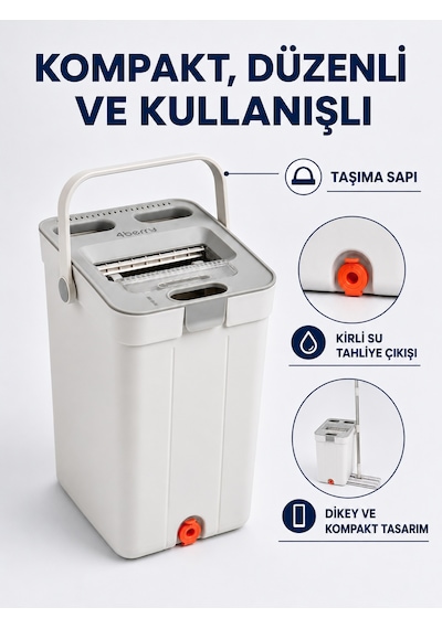 Temiz Ve Kirli Su Ayrımlı Mikrofiber Tablet Mop Ve Kovalı Temizlik Seti 360 Döner Başlık, 2 Yıkanabilir Bez