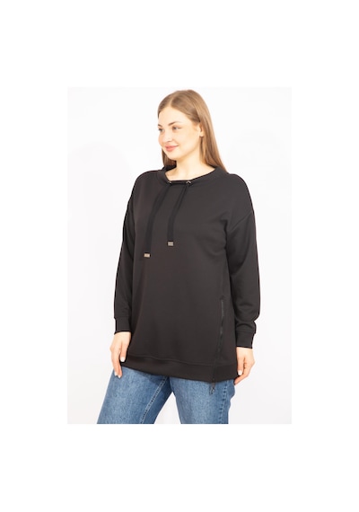 Şans Kadın Siyah Büyük Beden Yan Fermuar Yırtmaçlı Yakası Kuşgözü Detaylı Sweatshirt 65n35638-siyah Siyah